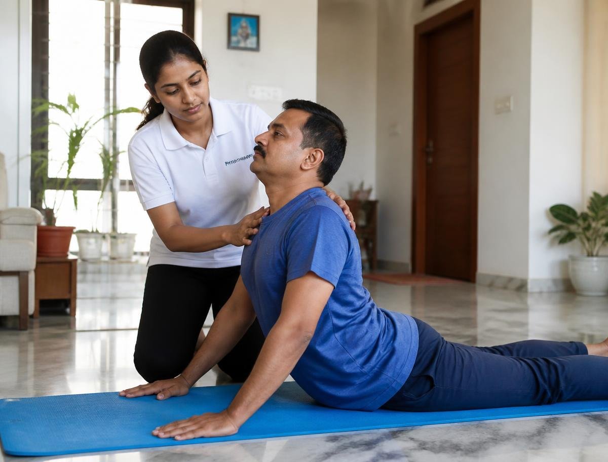 Home physiotherapy session with a patient and physiotherapist in Indirapuram
