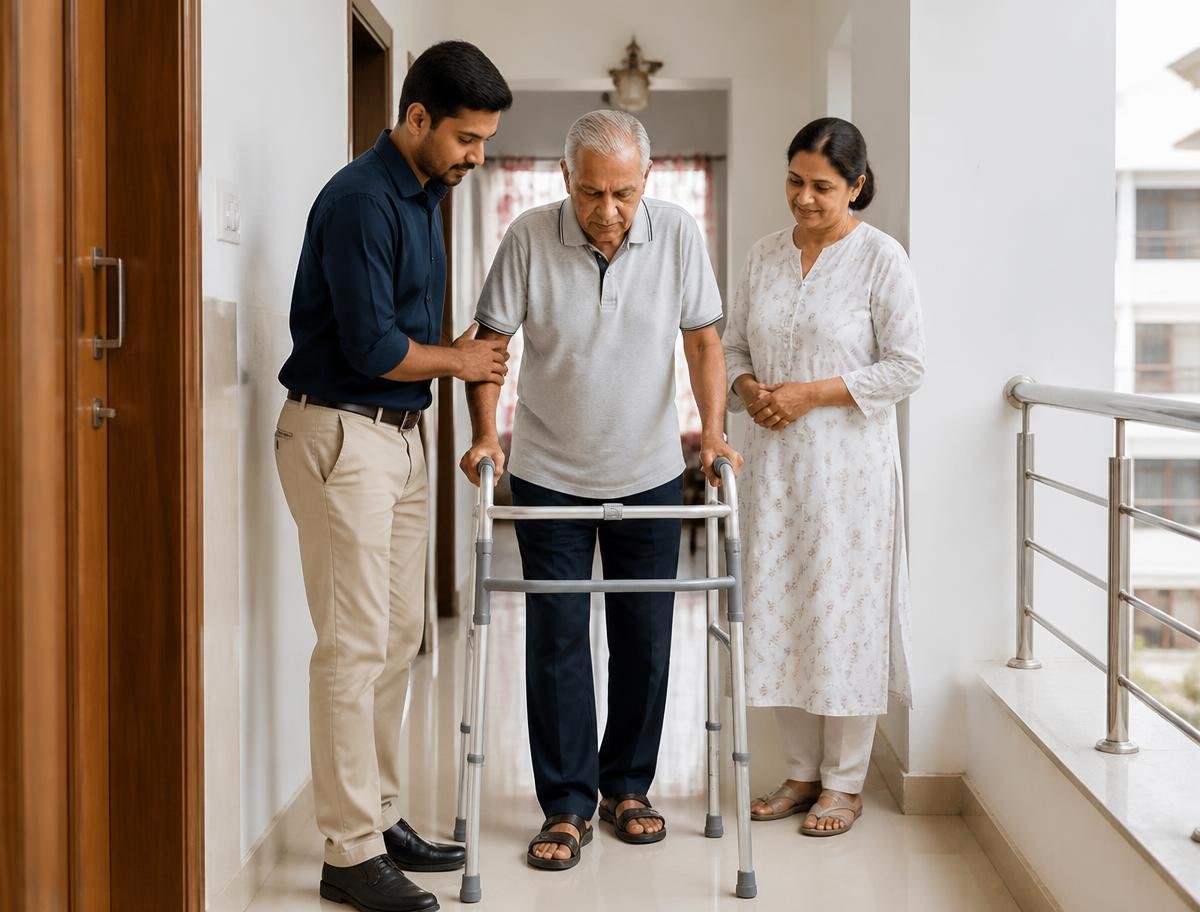 Physiotherapist supporting a patient during a home visit in Indirapuram